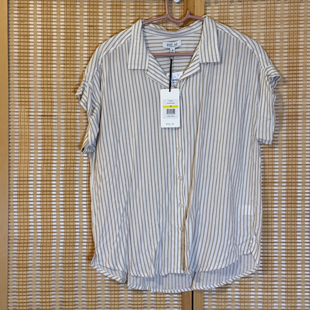 Per Se Womens White Khaki Striped Short Sleeve Rayon Button Down Shirt Size M